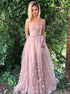 A Line Pink Sweetheart Appliques Tulle Prom Dress LBQ0546